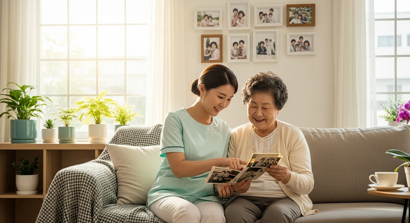 전문 요양보호사가 어르신을 따뜻하게 케어하는 모습